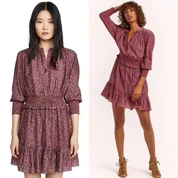 REBECCA MINKOFF Ruffle Hem Smocked Tie Waist Long Puff Sleeve Floral Dress XXL - Picture 2 of 14